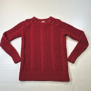 Vintage LL Bean Cable Knit Sweater Women's Size Small Red Ivory Chunky Buttons